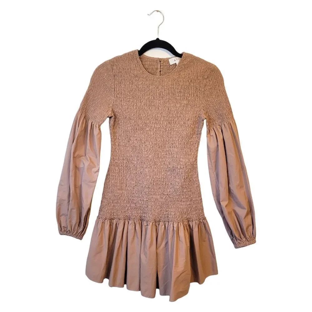 A.L.C. Brown Kora Cotton Smocked Puff Sleeve Dress Women's Size 6